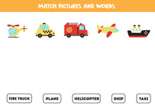 Matching Transport And The Words. Educational Game For Kids.