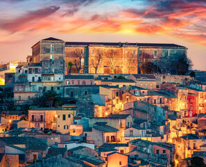 Wall Mural - Сharm of the ancient cities of Europe. Splendid summer cityscape of Ragusa town. Colorful sunset on Sicily, Italy, Europe. Traveling concept background.