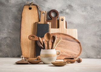 Wall Mural - Assortment of wooden cutting boards and kitchen utensils