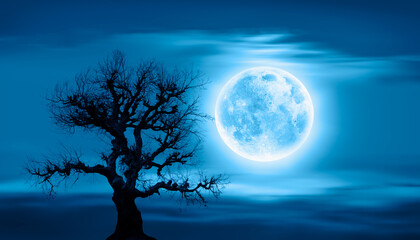 Aufkleber - Lone dead tree with super full blue Moon -