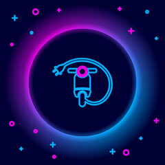 Sticker - Glowing neon line Electric scooter icon isolated on black background. Colorful outline concept. Vector.