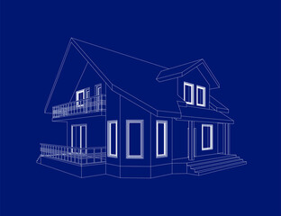 Wall Mural - 3D suburban house model. Drawing of the modern building. Cottage project on blue background. Interesting vector blueprint.