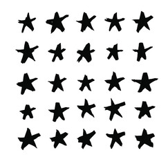 Poster - Vector art illustration grunge stars. Set of hand drawn paint object snowflakes for design.  Black and white  shine background. Abstract brush drawing