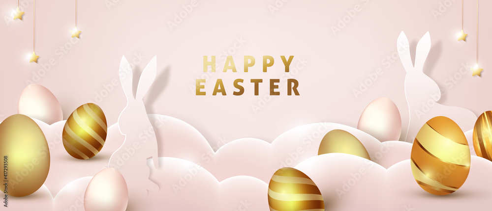 Easter background template with luxury premiume golden eggs. - obrazy, fototapety, plakaty 