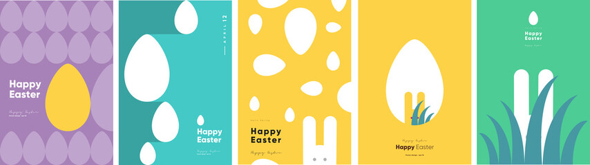 Fototapete - Happy Easter. Patterns. Modern geometric abstract style. A set of vector Easter illustrations. Easter eggs, rabbit. Perfect for a poster, cover, or postcard.