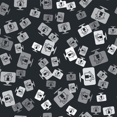 Grey Map pointer with house icon isolated seamless pattern on black background. Home location marker symbol. Vector.