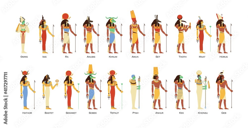 Set of Egyptian gods and goddesses. Deities of Ancient Egypt. Myth Cairo figures and statues. Colored flat vector illustration of osiris, horus, ra, sobek and thoth isolated on white background - obrazy, fototapety, plakaty 