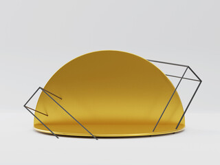 Fototapete - Golden round podium on white studio background with box cage. 3d render pedestal for products