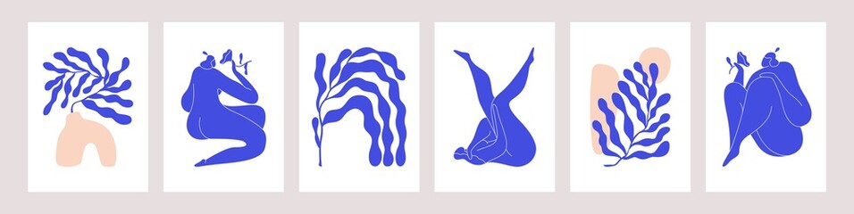 matisse-inspired modern posters with abstract woman and branches on white background. set of contemp