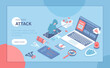 Hacker Attack. Hacker steal credit card. Thief fishing personal information on laptop. Virus, spam and security. Hacking concept. Isometric vector illustration for banner, website.