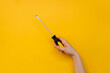 Female hand holding a screwdriver on bright yellow background.
