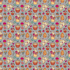 Wall Mural - Easter holiday seamless pattern, texture, background. Rabbits, cakes, muffins, herbs, eggs in basket and hearts. Children packaging design, paper. Isolated on light grey backdrop.