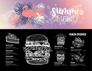 Canvas Print - Summer menu. Restaurant food menu design, hand drawn illustrations, vector food flyer.	