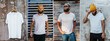 © San4ezz007 - Collage of photos with young bearded hipster guy wearing white blank t-shirt. Mock-up for print. T-shirt template. Hanging on ahanger empty white t-shirt.