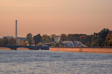 Wall Mural - Traffic jams in Saint-Petersburg. Traffic jam on the viaduct of the Vyborg embankment in the evening