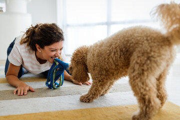 Wall Mural - Beautiful young woman playing with a nice cute dog at home