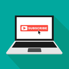 Poster - Subscribe button icon on laptop screen. Vector illustration. Business concept subscribe pictogram.