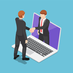 Aufkleber - isometric businessmen having online agreement and shaking hands through laptop screen
