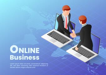 Aufkleber - isometric web banner businessmen having online agreement and shaking hands through laptop screen