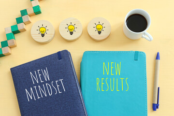 Poster - concept image with new mindset new results text. top view of office table