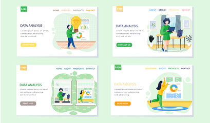 Fototapete - Data analysis, analytics landing page template set of four scenes, business research concept and analysis of statistical indicators. Small person and information facts development presentation charts