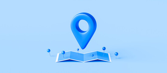 Fototapete - Locator mark of map and location pin or navigation icon sign on blue background with search concept. 3D rendering.