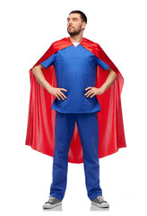 Sticker - healthcare, profession and medicine concept - doctor or male nurse in blue uniform and red superhero cape over white background