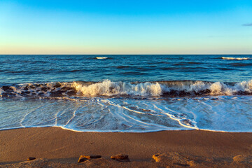 Wall Mural - Empty beach with yellow sand and blue waves, quarantine at the resort