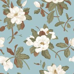 Wall Mural - Magnolia grandiflora. Floral seamless pattern. Vector vintage botanical illustration