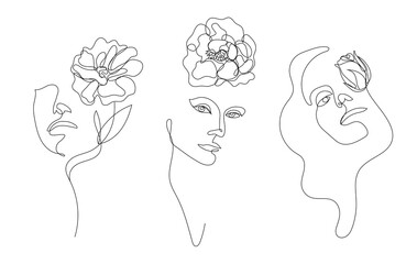 Canvas Print - Vector hand drawn linear art, woman faces with flower, continuous line, fashion concept, feminine beauty minimalist. Print, illustration for t-shirt, design, logo for cosmetics, etc