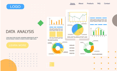 Fototapete - Data analysis landing page template, research, business data on presentation banner, graph and chart. Business growth with advanced innovative marketing plan, Financial success, project management
