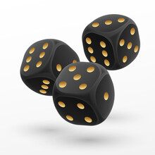 Three Black Dice From Different Sides With Gold, Golden Dots On White Background. Concept For Casino, Game Design. Vector Illustration For Card, Party, Flyer, Poster, Decor, Banner, Web, Advertising.