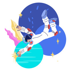 Wall Mural - Cosmonaut, astronaut or spaceman female comic character. Universe research, space exploring and education concept, cartoon vector illustration, isolated on white background.