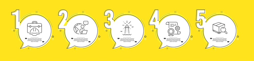 Poster - Lighthouse, Construction toolbox and Search package line icons set. Timeline process infograph. Construction document sign. Navigation beacon, Architect helmet, Tracking service. Certificate. Vector