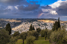 Rainbow Over Mount Of Olives, With A View Of The Old City, With Dome Of The Rock On Temple Mount, Mount Scopus, The Churches Of Ascension And The Arab Villages In The Kidron Valley