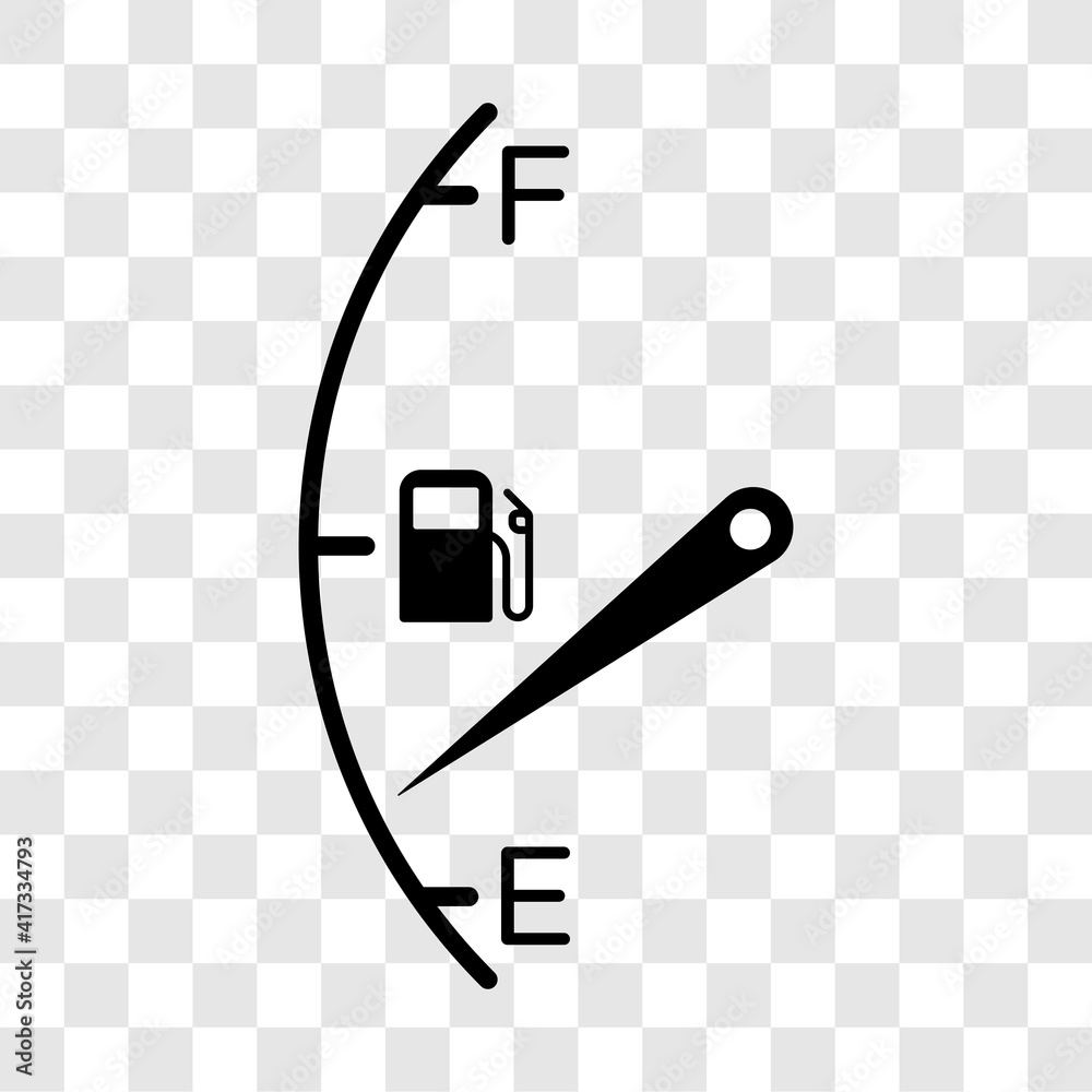 Fuel tank dial gage sign. Transportation petrol level indicator symbol. Vector illustration on transparent background.