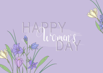 Poster - Happy womens day. March 8. Purple banner with spring flowers