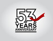53 years anniversary logotype with black outline number and red ribbon isolated on white background for celebration