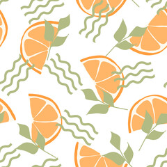 Wall Mural - Abstract seamless pattern with slice of orange fruit and branch