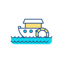 Paddle-wheel Boat RGB Color Icon. Small Vessel For Travel. Recreational Boating. Paddle Steamer. Steamship, Watercraft. Enjoying On Water Activities. Sports Recreation. Isolated Vector Illustration