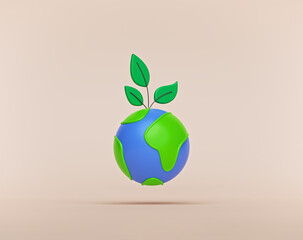 Aufkleber - cartoon style earth and green leaves isolated. Ecology and Environment concept. minimal design. 3d rendering