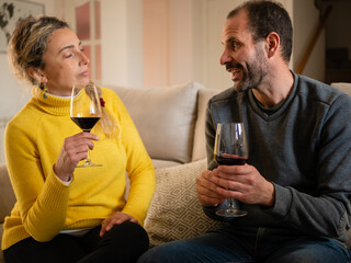 FRIENDS TOASTING WITH WINE AT HOME