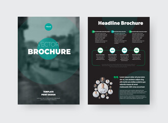 Poster - Vector brochure template with green circle, place for photo, information presentation on black background, brochure for business concept.