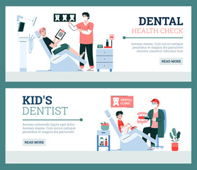 Wall Mural - Dental kids and adults care banners set with characters of patients and doctors in dentistry, cartoon vector illustration. Oral care services advertising flyers.