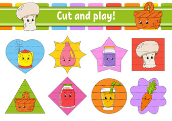 Wall Mural - Cut and play. Educational activity worksheet for kids and toddlers. Game for children. Happy characters. Simple flat color isolated vector illustration in cute cartoon style.