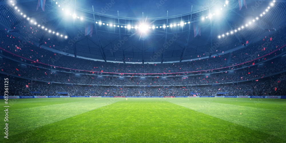 Football stadium at night. An imaginary stadium is modelled and rendered. - obrazy, fototapety, plakaty 