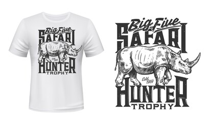 Tshirt print with Rhino vector sketch. Rhinoceros mascot for hunter club white apparel mockup with wild african animal, hunting sport or african safari travel tour. Engraving monochrome t shirt design