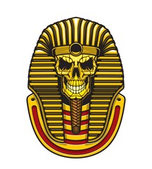 Egyptian pharaoh skull vector design with gold mask of Ancient Egypt king. Death mummy skeleton head of Tutankhamun with royal crown, striped nemes and braided beard, horror tattoo or t-shirt print