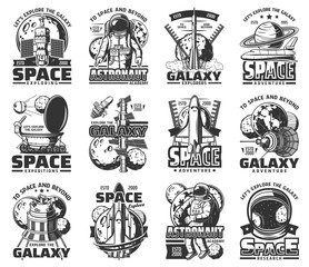 Poster - Outer space and galaxy exploration, astronauts icons, vector universe spaceship rockets. Galaxy universe explorers and astronauts academy, Moon, Saturn and Jupiter cosmic station expeditions