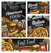 American fastfood posters, sketch takeaway fast food vector burger, hot dog, pizza and soda drink. French fries, donut, ice cream or tacos takeaway snacks on blackboard with junk food sketch banner